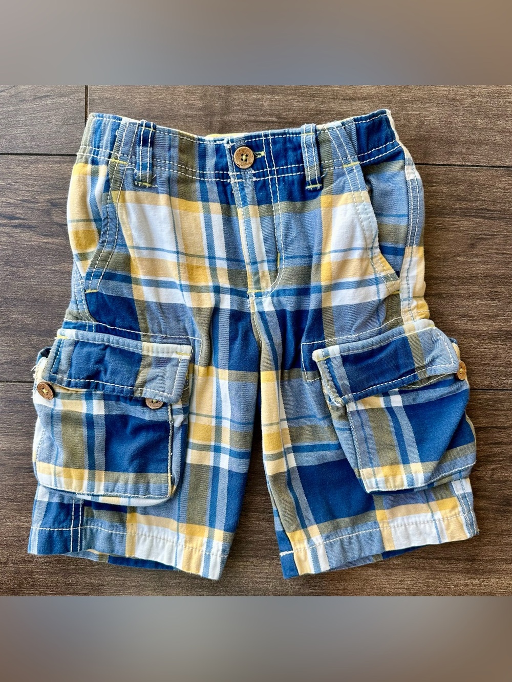 Mini Boden Boys Plaid Cargo Shorts Size 4Y Blue Yellow Checked Adjustable Waist